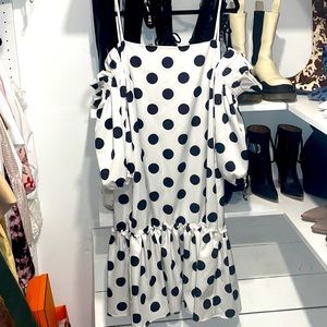 White and Black polka dot off shoulder dress. Size Large